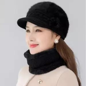 중장년 할머니 토끼털 겨울 꽃 니트모자 넥워머 세트 겨울모자 여자겨울모자