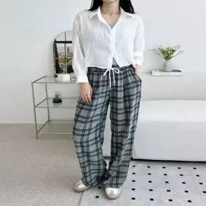 편안한바지 데일리09여자 찰랑 쿨소재 체크 핀턱 와이드 밴딩 팬