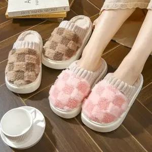 보들보들 체크무늬 남자 여자 사무실 털신내화 사무실 겨울실내화 스마일슬리퍼