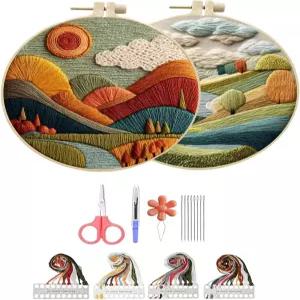 초보자를 위한 Hzkokon 2팩 자수 키트 크로스 스티치 손 스탬프 플라워 패턴 후프 컬러 실 도구 및 팔로우