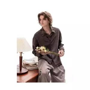 엘럽 남성용 하프 코트 봄가을 휴가 투피스 패치 체크 빈티지 카디건 블랙 재킷 박템3