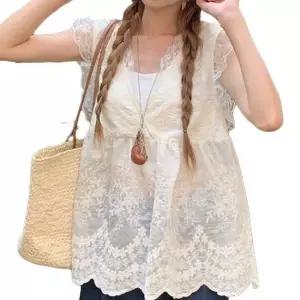 여성 레이스 자수 민소매 여름 블라우스 민소매블라우스