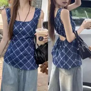 체크패턴 슬리브리스 블라우스 뒷트임 곡선밑단 스퀘어넥 민소매 블라우스 여름 바캉스룩