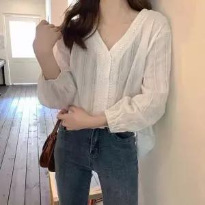 여자 블라우스 펀칭 셔츠 셔링 소매 얇은 레이스 블라우스