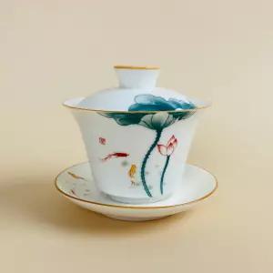 백자 연물고기 개완 개합잔 찻잔 130ml 다기 개완 개합잔 뚜껑찻잔 중국찻잔