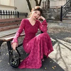 여성용 원피스 머메이드 라운드 프렌치 레이스 펀칭 하객 BE1