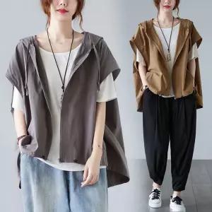 여자 캐주얼 가을 조끼 마이너 후드 민소매 나시 루즈핏 빅사이즈 코트 ST3