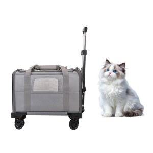 바퀴 달린 애완동물 캐리어 - 신축성 손잡이가 있는 개를 위한 부드러운 측면 고양이 캐리어, 캠핑 수의사 방문용 대형 소형견을 접이식 롤링 여행 가방 라이트 그레이