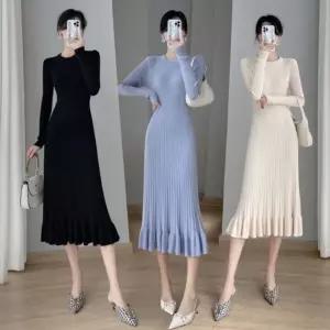 슬림 여성 골지 플레어 니트 롱 원피스 LED-250199