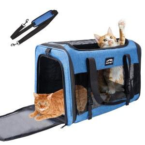 퍼텐트 대형 고양이/개 캐리어 최대 25파운드, 중형 고양이와 강아지를 위한 휴대용 소프트 사이드 애완동물 여행용 캐리어, 접이식 강아지 상자 야외 20x13x13인치, 다크 블루