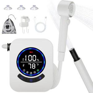 캠핑용 휴대용 샤워기, 8,000mAh 충전식 캠핑 샤워 펌프, 3배 더 강한 물 흐름, 5가지 압력 수준 및 4가지 모드 하이킹 여행용 지능형 LED 디스플레이가 있는 야외 샤워
