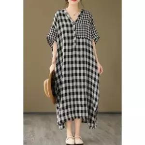 루즈핏원피스 여성 여름 브이넥 체크 배색 루즈핏 롱 반팔 원피스