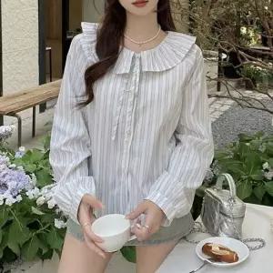 여름블라우스 세일러 둥근 카라 넥 스트링 스트라이프 블라우스