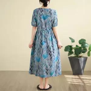 여성 출근룩 고급정장 원피스 여름 마 프린트 라운드 빈티지 벨트 스포M2