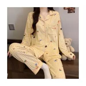 커플 수면 잠옷세트 옐로 체크 귀요미 캐릭터 여름 파자마 봄 가을 긴팔 얇은 실내복 투피스 스포M3