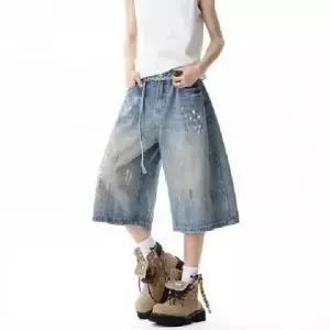 남성용 청 여름 중바지 무릎까지 일자핏 반바지 내려오는 데님반바지 7부바지 M스포2