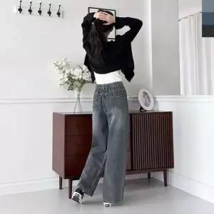 JMM WSF2007 여자 뒷밴딩 포켓라인 워싱 와이드데님 여성청바지