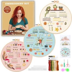 JOINRUN 초보자를 위한 자수 키트 미리 인쇄된 패턴 실 바늘이 포함된 크로스 스티치 3팩 7.8 후프로
