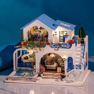 DIY 목제 인형 파란색 흰색 타운 생일 키트 가구 선물 성인용 빌딩 LED 카사