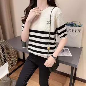 여자 니트 이너 러블리 티 롱루즈핏 스트라이프 반팔 얇은 루즈핏 라운드 ？ 다올2