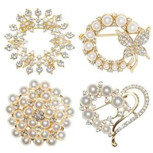 여성용 4Pc 진주 브로치 및 핀 크리스탈 브로치 골드 브로치 핀 크리스탈 플라워 꽃 라인스톤 브로치 핀 결혼식 크리스마스 감사식 의상 장식 꽃다발 장식