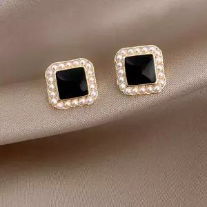 [골드스마일]블랙 진주 사각 큐빅 미니 실버 귀걸이 925 실버