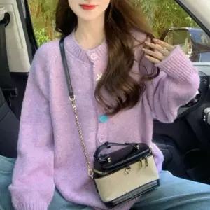 보라색 가디건 여성 포근한 니트 보라색가디건 간절기