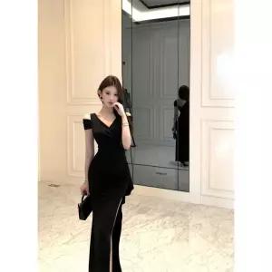 여성용 원피스 스커트 여름 예쁜 쉬폰 오프숄더 트임 이브닝 드레스 원 스텝 SPO마켓2