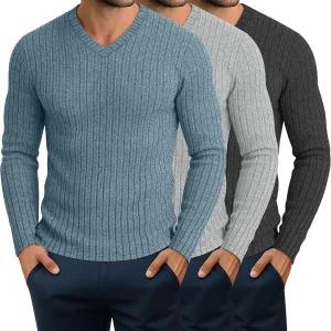 3팩 남성용 골지 브이넥 긴팔 셔츠 슬림핏 보온 스웨터 머슬핏 애슬레틱 캐주얼 베이직 티셔츠