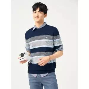 [빈폴멘]블록 패턴 라운드 니트 - 네이비 (BC5351C33R)