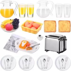 44 조각 1 12 인형의 집 미니어처 아침 식사 주방 액세서리 미니 토스트 기계 빵 주스 우유 달걀 컵 과일