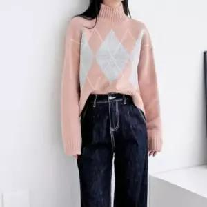 [의류] 폴라티 아가일 긴팔 목폴라니트 목폴라 티셔츠 목폴라티 여성 니트 여성니트티 하프넥 여성니트