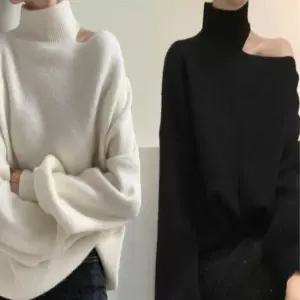 [의류] 여성 어깨 소매 터틀넥니트 벌룬 트임 오프숄더 한쪽
