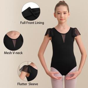 여자 발레 레오타드 메쉬 브이넥 및 전체 앞 안감  플러터 슬리브 댄스 어린이 블랙 할로우 댄스웨어