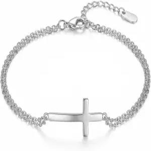 포이조이 18K 골드 도금 진주 구슬 크로스 팔찌 여성용 조절 가능 스테인리스 스틸 다인 얇은 박스 쿠바