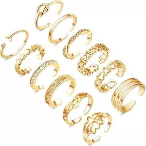 혼스니 12PCS 14K 골드/실버 도금 토링 여성용 밴드 오픈 플라워 CZ 세트 비치 풋 주얼리