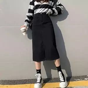 흑 여자 앞트임 청치마 데님치마 A라인 블랙 롱스커트 (HSJ-WCED56E)