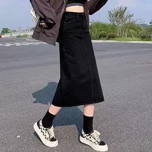여학생 심플 검정 블랙 진스커트 롱스커트 데님 치마 (HSJ-WDB68CF)