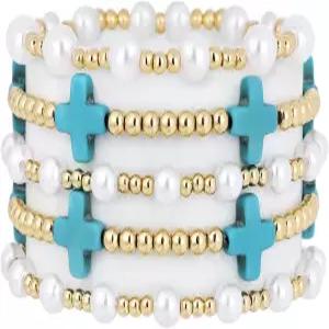 사지도스 여성용 골드 도금 구슬 팔찌 트렌디 14K 스택 크로스 펄 스트레치 세트 탄력적인 저자극 보석