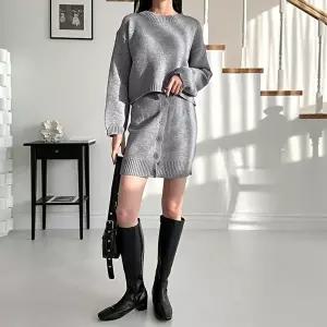 여성 섹시한 데일리 버튼 미니스커트 니트 투피스세트 (HSJ-WFG3VBP)