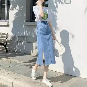 앞트임스커트 롱데님 청치마 앞절개 A라인 워싱 연청 (HSJ-WBF9704)