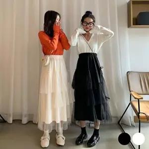 여성 옆 리본 끈 롱 기장 망사 3단 레이스 스커트 (HSJ-WE6186B)