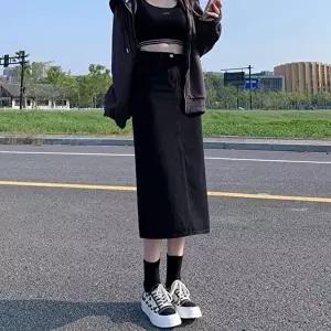 블랙진 롱스커트 청치마 라인 절개 검정색 하의 (HSJ-WBFC4A7)