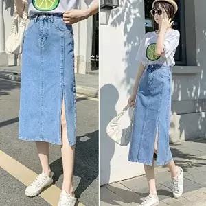 사계절치마 슬림핏 여성 앞트임 청치마 롱치마 데님 (HSJ-WBB0178)