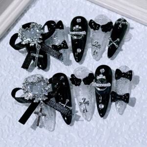 NewGoldcast 손톱에 수제 프레스 검은 나비 넥착용 가능 핑크 귀여운 긴 거짓 겨울 재사용 전체 커버 참 아