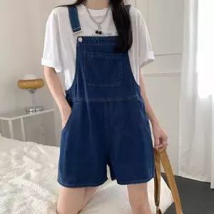 청멜빵반바지 여성 와이드 청 멜빵반바지 진청 점프수트 캐주얼룩