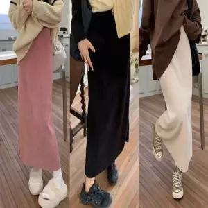 여자 3컬러 코듀로이 골덴 슬림 A라인 밴딩 롱스커트 (HSJ-WFGA4XX)