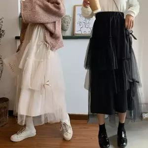 여성 3단 레이스 리본 장식 포인트 밴딩 망사 스커트 (HSJ-WE630FC)