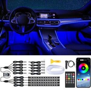 무선 APP 및 리모컨이 장착된 실내 자동차 조명, 대시 라이트 4개와 광섬유 LED 스트립 5개가 포함된 RGB 앰비언트 조명 키트 9개, 음악에 맞춰 동기화 가능