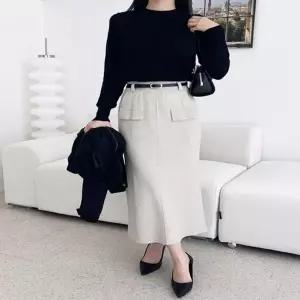 여성 4컬러 도톰한 가을 겨울 H라인 트임 울 롱스커트 (HSJ-WFG45H2)